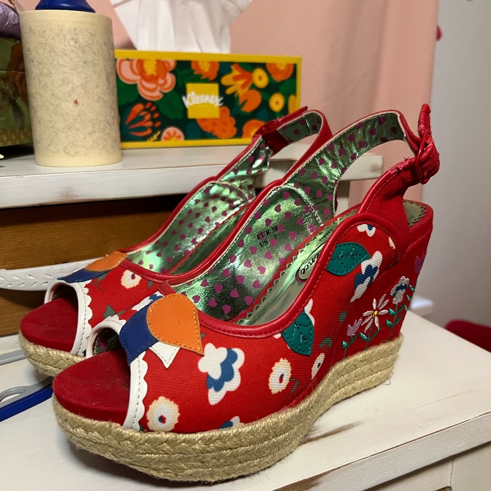 Poetic License Red Floral Wedges
